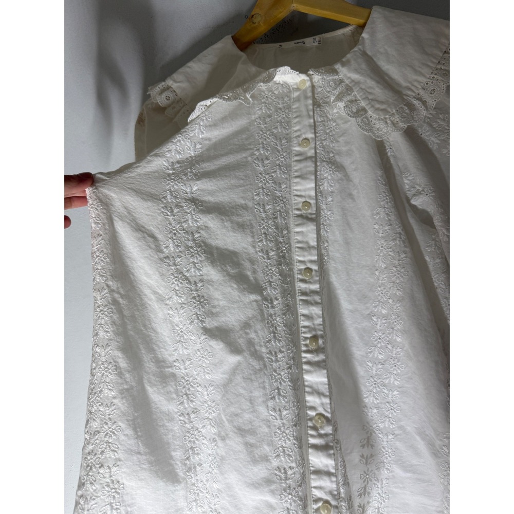 Mango MNG White Eyelet Embroidered Peter Pan Collar Puff Sleeve Blouse Size 4 - Picture 3 of 5